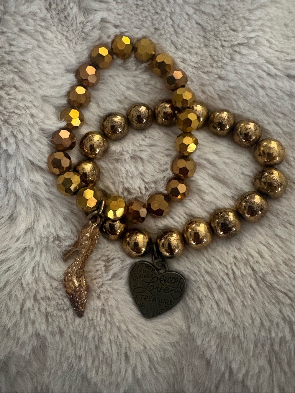 Gold Beaded Women's Bracelet Set with Heart & Shoe Charms
